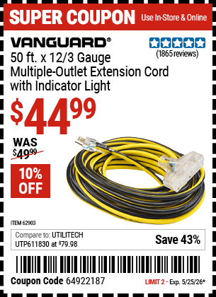 Harbor Freight Coupons, HF Coupons, 20% off - 12 Gauge X 50ft Multi-outlet Extension Cord With Indicator Light