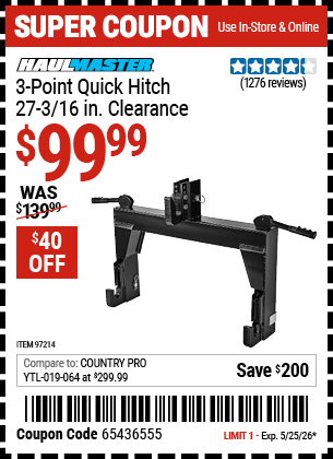 Harbor Freight Coupons, HF Coupons, 20% off - 3-point Quick Hitch