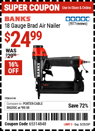 Harbor Freight Coupons, HF Coupons, 20% off - 18 Gauge Brad Air Nailer