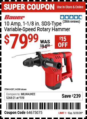 Harbor Freight Coupons, HF Coupons, 20% off - BAUER 1-1/8 in. SDS Variable Speed Pro Rotary Hammer Kit for $69.99