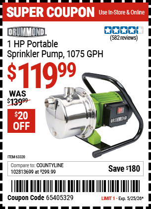 Harbor Freight Coupons, HF Coupons, 20% off - 1 HP Portable Sprinkler Pump 1075 GPH