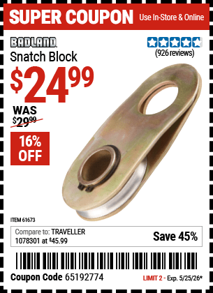 Harbor Freight Coupons, HF Coupons, 20% off - Snatch Block