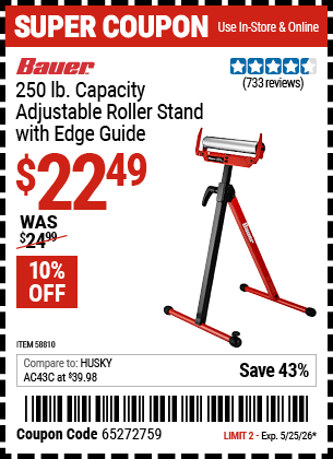 Harbor Freight Coupons, HF Coupons, 20% off - BAUER Adjustable Roller Stand with Edge Guide 