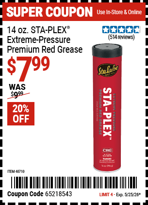 Harbor Freight Coupons, HF Coupons, 20% off - 14 Oz. Sta-lube Sta-plex Extreme Pressure Premium Red Grease