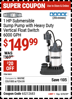 Harbor Freight Coupons, HF Coupons, 20% off - DRUMMOND 1 HP Submersible Sump Pump With Heavy Duty Vertical Float Switch for $149.99