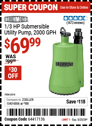 Harbor Freight Coupons, HF Coupons, 20% off - 1/3 Hp Submersible Utility Pump