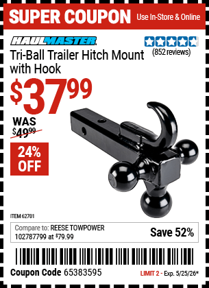 Harbor Freight Coupons, HF Coupons, 20% off - Triple Ball Trailer Hitch Mount With Hook