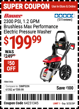 Harbor Freight Coupons, HF Coupons, 20% off - 2300 PSI 1.2 GPM Brushless Max Performance Electric Pressure Washer