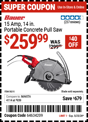 Harbor Freight Coupons, HF Coupons, 20% off - BAUER 15 Amp, 14 in. Portable Concrete Pull Saw for $229.99