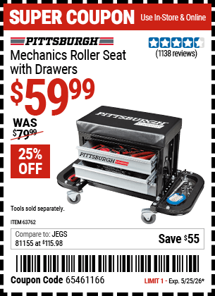 Harbor Freight Coupons, HF Coupons, 20% off - Mechanic's Roller Seat With Drawers