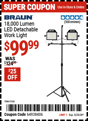 Harbor Freight Coupons, HF Coupons, 20% off - 18,000 Lumen LED Detachable Work Light