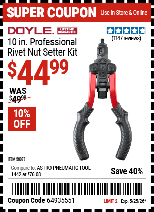 Harbor Freight Coupons, HF Coupons, 20% off - DOYLE 10 in. Professional Rivet Nut Setter Kit for $34.99