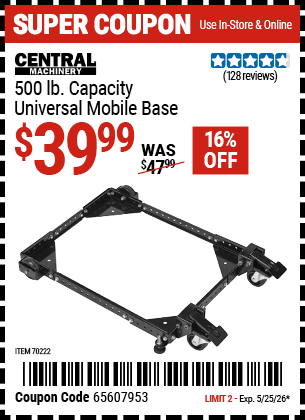 Harbor Freight Coupons, HF Coupons, 20% off - CENTRAL MACHINERY 500 lb. Capacity Universal Mobile Base for $39.99