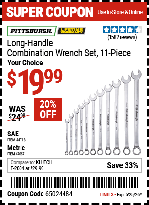 Harbor Freight Coupons, HF Coupons, 20% off - 11 Piece Fully Polished Long Handle Combination Wrench Sets