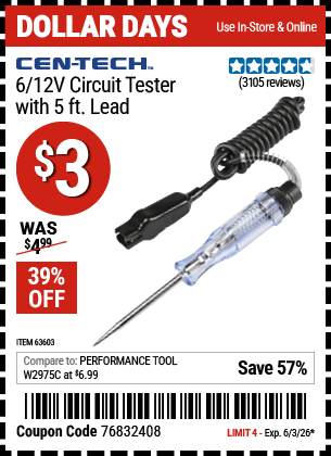 Harbor Freight Coupons, HF Coupons, 20% off - 6/12v Circuit Tester With 5 Ft. Lead