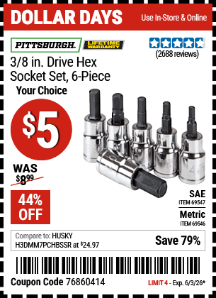 Harbor Freight Coupons, HF Coupons, 20% off - 6 Piece 3/8