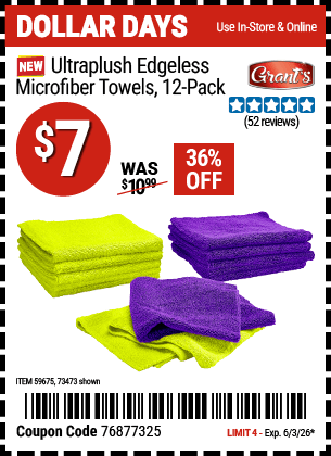 Harbor Freight Coupons, HF Coupons, 20% off - GRANT�S Ultra-Plush Edgeless Microfiber Towels, 12-Pack for $4.99
