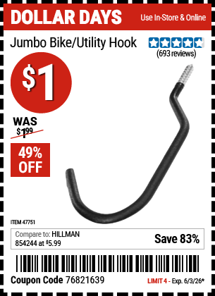 Harbor Freight Coupons, HF Coupons, 20% off - Jumbo Bike/utility Hook