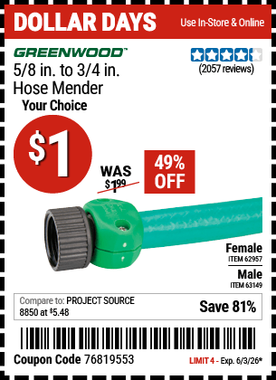 Harbor Freight Coupons, HF Coupons, 20% off - GREENWOOD 5/8 in. to 3/4 in. Male Hose Mender 