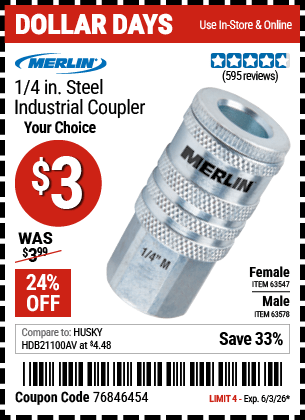 Harbor Freight Coupons, HF Coupons, 20% off - MERLIN 1/4 in. Male Steel Industrial Coupler 