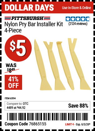 Harbor Freight Coupons, HF Coupons, 20% off - 4 Piece Nylon Pry Bar Installer Kit