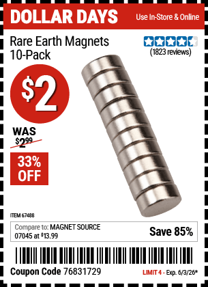 Harbor Freight Coupons, HF Coupons, 20% off - Rare Earth Magnets Pack Of 10