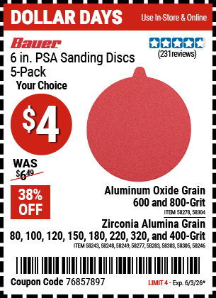 Harbor Freight Coupons, HF Coupons, 20% off - BAUER 6 in. PSA Sanding Discs with Zirconia Alumina Grain, 5-Pack for $2.99