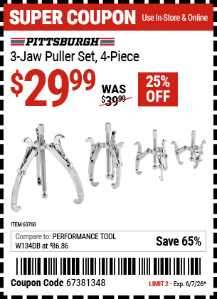 Harbor Freight Coupons, HF Coupons, 20% off - Three-jaw Puller 4 Piece Set