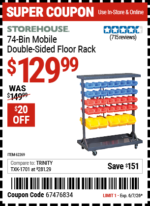 Harbor Freight Coupons, HF Coupons, 20% off - 74 Bin Mobile Double-sided Floor Rack