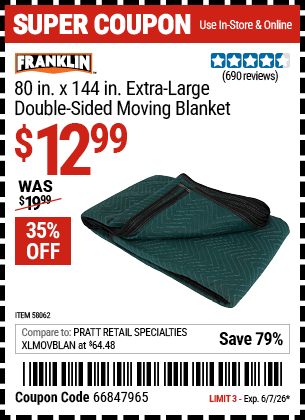 Harbor Freight Coupons, HF Coupons, 20% off - 80 in. x 144 in. Extra Large Double-Sided Moving Blanket
