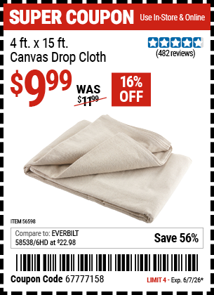 Harbor Freight Coupons, HF Coupons, 20% off - 4 x 15 Canvas Drop Cloth