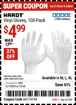 Harbor Freight Coupons, HF Coupons, 20% off - Powder-free Vinyl Gloves Pack Of 100