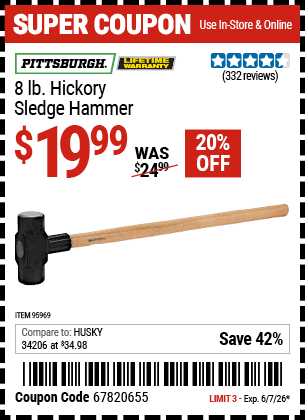 Harbor Freight Coupons, HF Coupons, 20% off - 8 Lb. Hickory Sledge Hammer