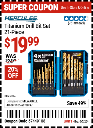 Harbor Freight Coupons, HF Coupons, 20% off - Hercules 21 Piece Titanium Drill Bit Set