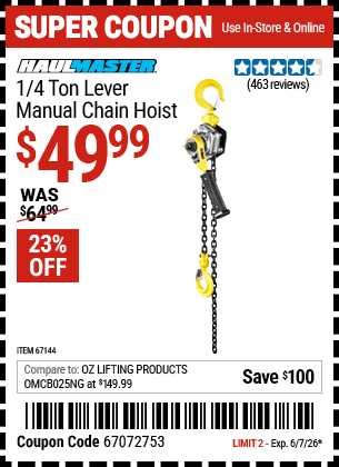 Harbor Freight Coupons, HF Coupons, 20% off - 1/4 Ton Lever Chain Hoist