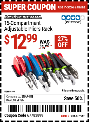 Harbor Freight Coupons, HF Coupons, 20% off - U.S. GENERAL 15 Compartment Adjustable Plier Rack for $12.99