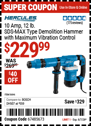 Harbor Freight Coupons, HF Coupons, 20% off - 10 Amp 12 lb.  SDS Max-Type Demolition Hammer with Maximum Vibration Control