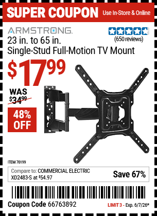 Harbor Freight Coupons, HF Coupons, 20% off - ARMSTRONG 23 in. to 65 in. Single-Stud Full-Motion TV Mount for $29.99
