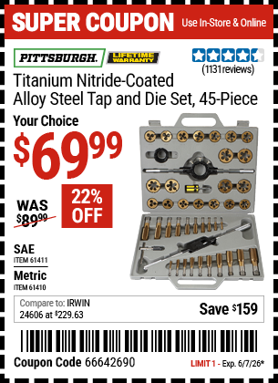 Harbor Freight Coupons, HF Coupons, 20% off - 45 Piece Titanium Nitride Coated Alloy Steel Tap And Die Sets