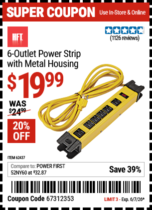 Harbor Freight Coupons, HF Coupons, 20% off - 6 Outlet Heavy Duty Power Strip With Metal Housing