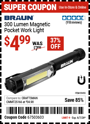 Harbor Freight Coupons, HF Coupons, 20% off - BRAUN 300 Lumen Magnetic Pocket Work Light for $4.99