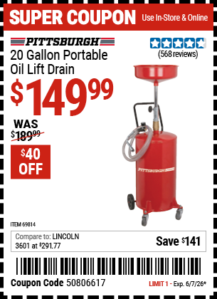Harbor Freight Coupons, HF Coupons, 20% off - 20 Gallon Portable Oil Lift Drain