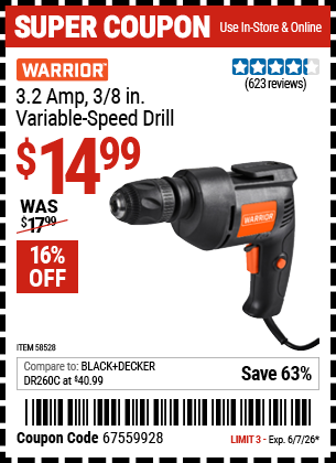Harbor Freight Coupons, HF Coupons, 20% off - WARRIOR 3.2 Amp 3/8 in. Variable Speed Drill 