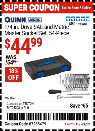 Harbor Freight Coupons, HF Coupons, 20% off - QUINN 1/4 in. Drive, SAE and Metric Master Socket Set, 54-Piece for $39.99