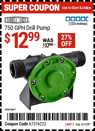 Harbor Freight Coupons, HF Coupons, 20% off - 750 GPH Drill Pump