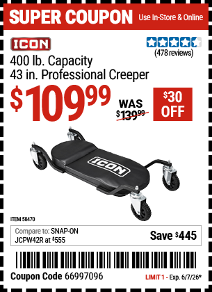 Harbor Freight Coupons, HF Coupons, 20% off - ICON 43 in. Professional Creeper for $109.99