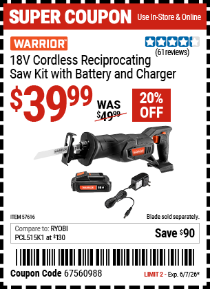 Harbor Freight Coupons, HF Coupons, 20% off - WARRIOR 18V Cordless Reciprocating Saw Kit for $39.99