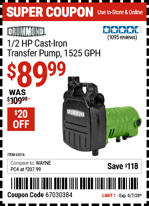 Harbor Freight Coupons, HF Coupons, 20% off - Drummond 1/2 Hp Cast Iron Transfer Utility Pump