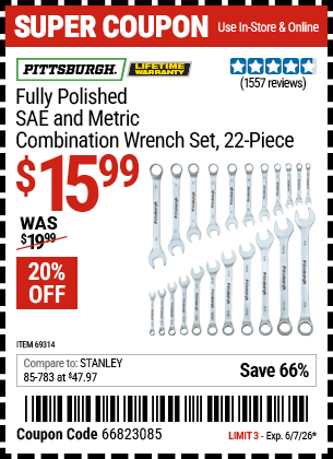 Harbor Freight Coupons, HF Coupons, 20% off - 22 Piece Fully Polished Sae & Metric Combination Wrench Set