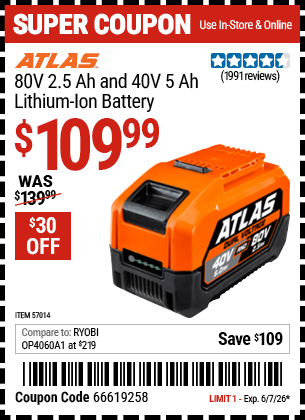 Harbor Freight Coupons, HF Coupons, 20% off - ATLAS 80V 2.5 Ah 40V 5.0Ah Lithium-Ion Battery for $119.99